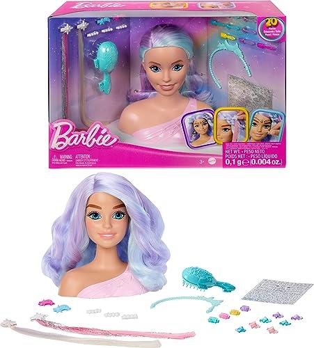 Barbie Doll Cabeza de Peinado de Cuento de Hadas, Cabello de Fantasía Pastel con 20 Accesorios