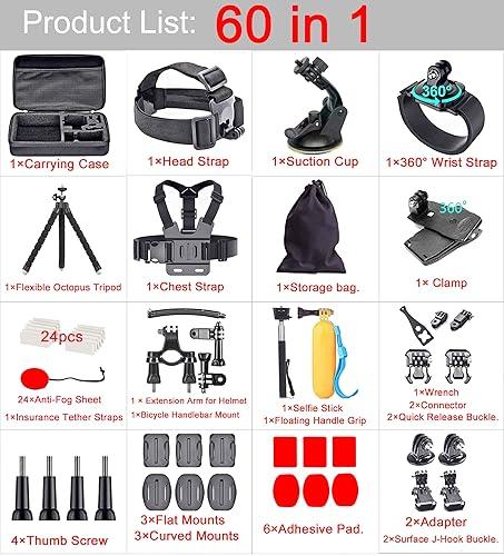 Action Camera Accessories Kit Compatible with Gopro Hero 13 12 11 10 9 8/AKASO EK7000/Brave 4/7 LE/V50X/DJI Osmo Action 5 pro 4/Dragon Touch/ODDV Selfie Stick Floating Handle Grip Suction Cup Mount