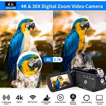  Videocámara de video 4K, 30MP UHD Wifi IR grabadora de video de visión  nocturna con linterna IR, cámara de vlogging para filmación de ,  cámara de video con zoom digital de