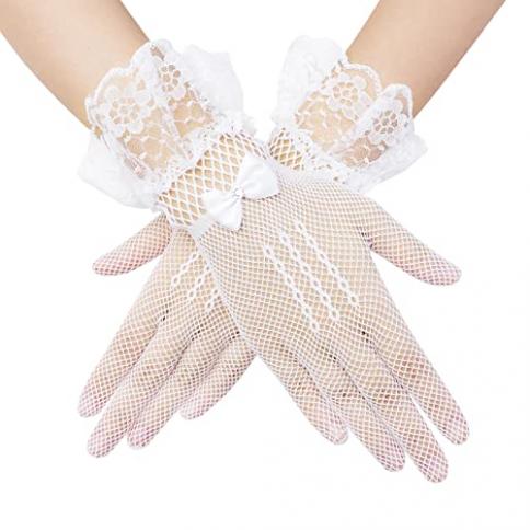 1 par de guantes blancos de encaje para mujer con medio dedo y borde floral, Mode de Mujer