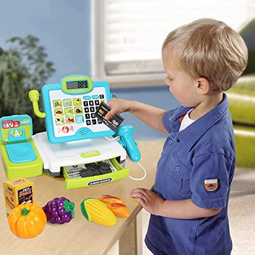 FS Juguete de caja registradora con juego de maquillaje, calculadora real  para habilidades matemáticas, caja registradora de juguete para niños