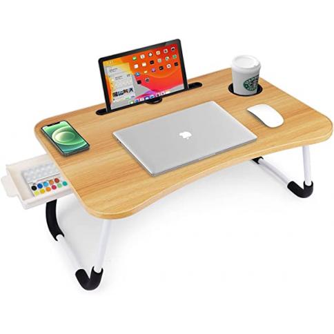 Mesa plegable para laptop, bandeja portátil para mesa de cama, soporte para  laptop con soporte para tazas, ranura para tableta y asa de elevación para