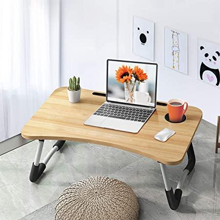 Escritorio de cama para laptop, mesa plegable portátil con puerto de carga  USB, soporte para tazas, cajón de almacenamiento, para cama, sofá, trabajo