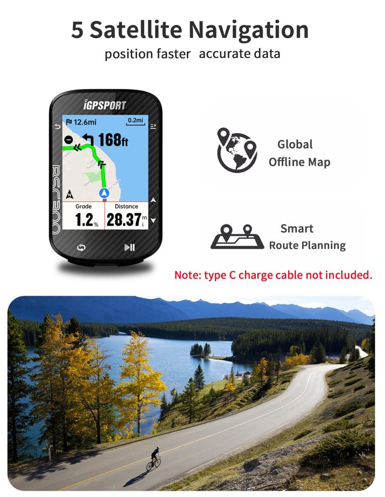iGPSPORT BSC300 Fietscomputer met GPS, 6,1 cm (2,4 inch), lcd-kleurendisplay met hoge navigatie BLE5.0/Ant , IPX7