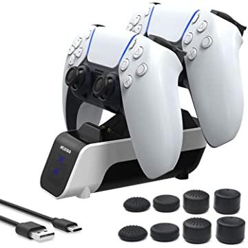  NexiGo Cargador de controlador PS5 con kit de agarre para el  pulgar, adaptador de CA de carga rápida, estación de carga Dualsense para  controladores Dual Playstation 5 con indicador LED, color