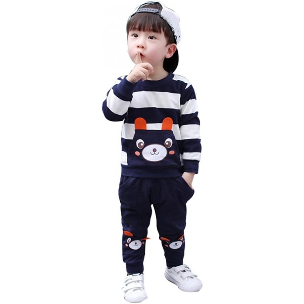 Juego de ropa para niños de 2 a 5 años, para niños pequeños y niñas, otoño  e invierno, con diseño de oso de rayas cálidas+pantalones