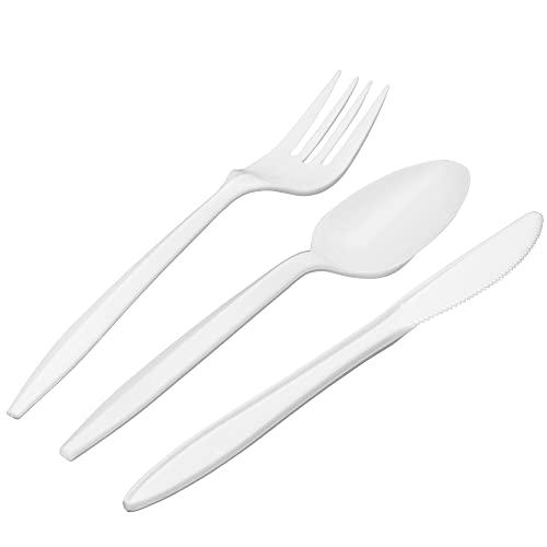 Tenedores desechables de 5.5 pulgadas, sin BPA, de plástico blanco,  desechables, 100 piezas, tenedores/cucharas combo 2 en 1, cubiertos de  alimentos