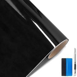 LZLRUN High Gloss Black Vinyl Wrap Self Adhesive Air Release Bubble - Outdoor Rated for Automotive Use - 2ft x 5ft Knife + Hand Tool - Color Black - Tamaño 2FT X 5FT