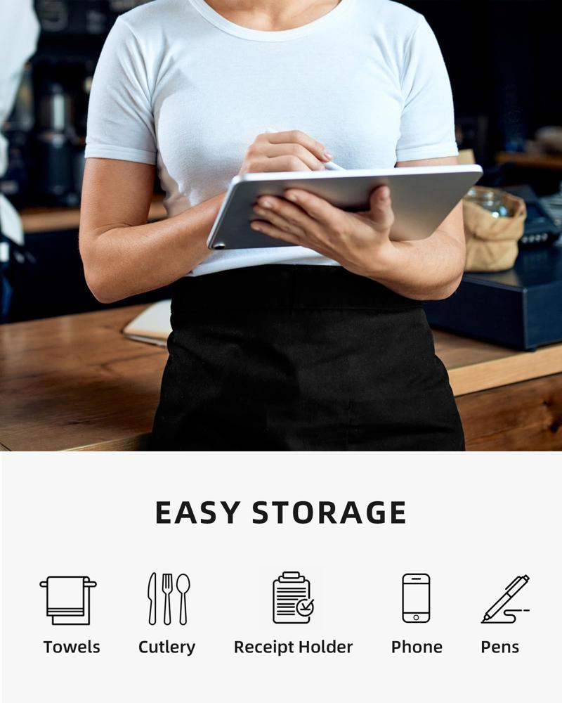 Delantal Camarero Negro MEEMA Delantal De Cintura Para Mujer, Medio Delantal Con 3 Mandil Camarero