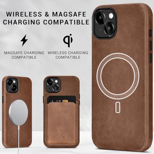 Belemay Compatible with iPhone 15 Pro Max Leather Case Magsafe-Top Grain  Vintage Crazy Horse Leather-Metal Buttons Camera Bezel-Slim Fit-Precision
