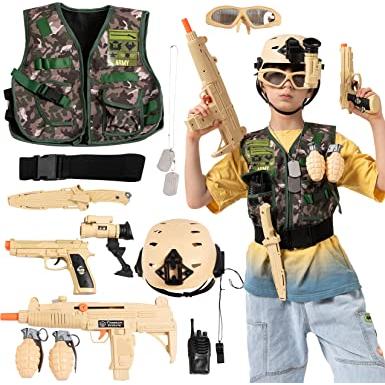 Disfraz de ejército para niños con pistola de juguete y cinturón de balas,  disfraz de soldado