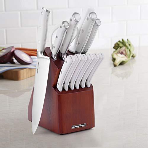 Hamilton Beach 14Piece Kitchen Knife Cutlery Set with Wood Block, Modern White Handles, Sharp