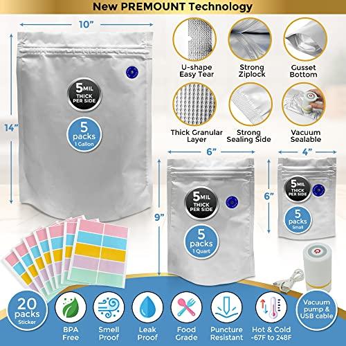 Premount 100 Mylar Bags for Food Storage With Oxygen Absorbers