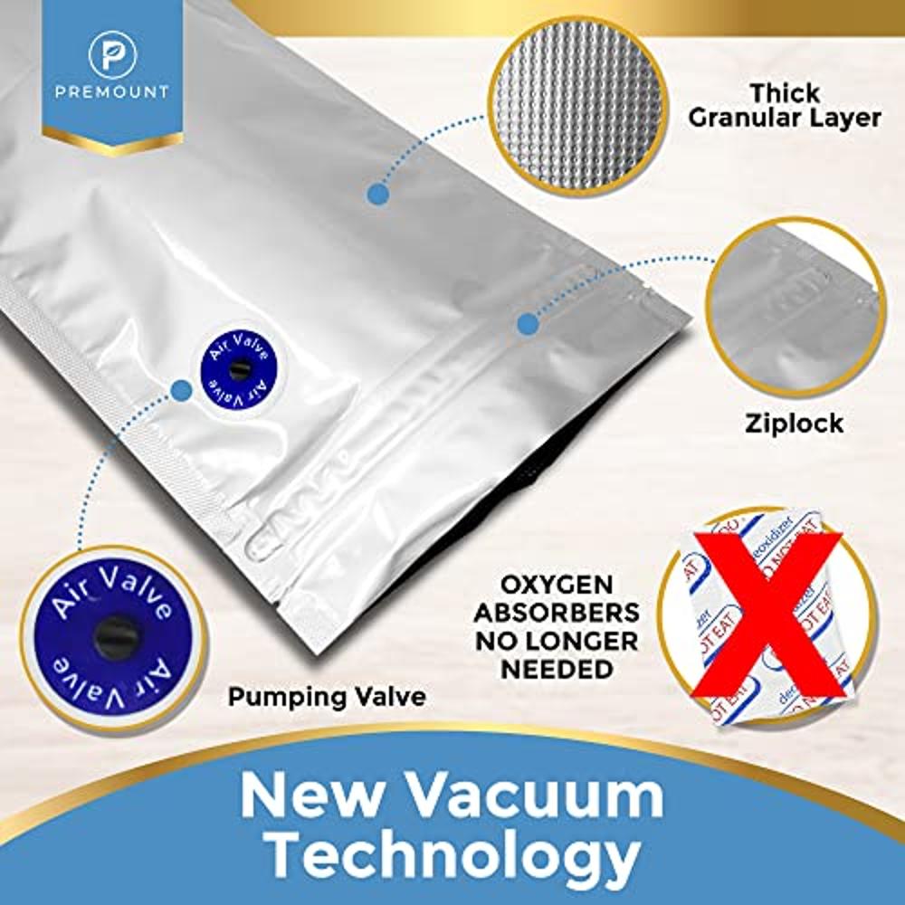 Premount 100 Mylar Bags for Food Storage With Oxygen Absorbers