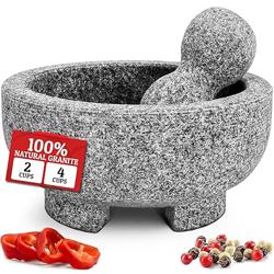 PriorityChef Granite Mortar and Pestle Set - 6.1 Inch Natural Stone Molcajete Mexicano for Spices, Seasonings, Pastes - Pestle and Mortar Bowl for Fresh Guacamole, Salsa, Pesto, Small, Grey - Modelo 2-Cup