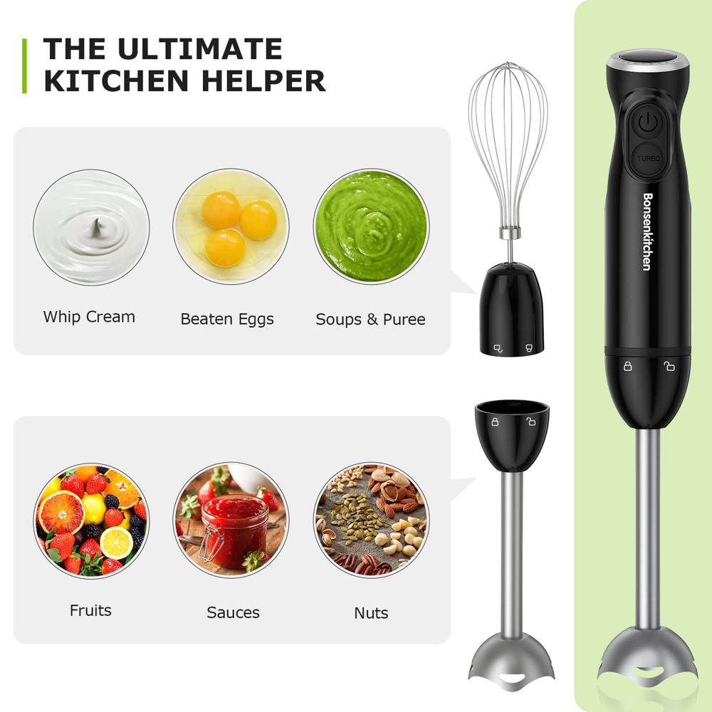 Bonsenkitchen Immersion Blender Handheld, 12Speed and Turbo Hand Blender Electric with Sharp