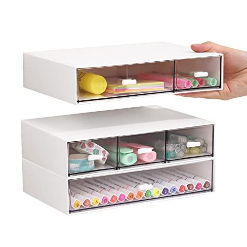 LETURE Suministros de oficina Organizador de maquillaje de escritorio con  cajón + 6 notas adhesivas, blanco 13 compartimentos, organizador de