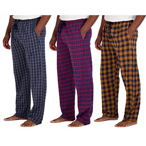 Paquete de 2 a 3 pantalones de pijama para hombre, de franela de algodón,  suave, a cuadros, con bragueta de botón