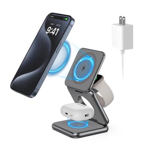 Magnetic Wireless Charging Station for Apple,2 in 1 Fast Mag-Safe Wireless  Charger Stand Foldable with QC3.0 Adapter,for iPhone 14 13 12 Pro Max Mini
