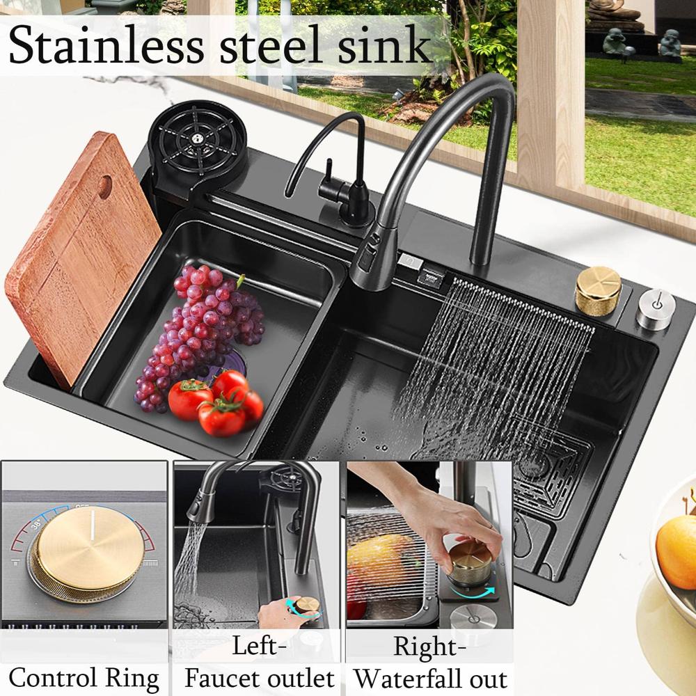 BIGYOUZI 30Waterfall Kitchen Sink Black 304 Stainless Steel Waterfall