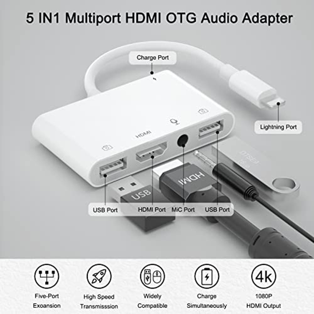 FEINODI Adaptador Lightning a HDMI para iPhone/iPad a TV, adaptador USB OTG  dual con entrada de micrófono para transmisión en vivo, teclado MIDI