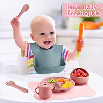 Muyoka Juego de vajilla de silicona para bebés y niños pequeños, tazón y  plato dividido y babero ajustable y cuchara suave y tenedor, para bebés y  niños pequeños, fácil de limpiar Muyoka