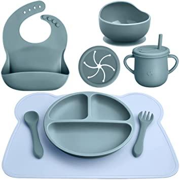 Maxdot Juego de 9 platos de silicona para bebés con ventosa, plato  individual dividido con cuchara y tenedor, platos para niños pequeños,  platos y