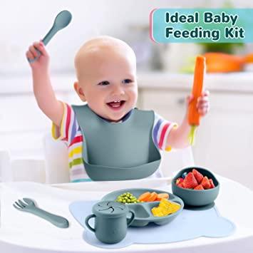 Paquete de 8 suministros de alimentación para bebés, plato dividido de  succión de silicona, baberos de bebé, cuenco de succión de silicona,  cuchara y