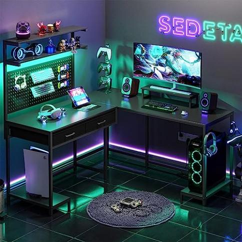SEDETA Gaming Desk, 55 Computer Desk with Hutch and Shelves, LED Lights,  Pegboard and Monitor Shelf, Large PC Gamer Desk Workstation for Home  Office, Gaming Table for Bedroom, Black 