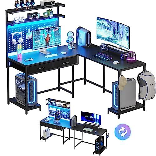SEDETA Gaming Desk, 55 Computer Desk with Hutch and Shelves, LED Lights,  Pegboard and Monitor Shelf, Large PC Gamer Desk Workstation for Home  Office