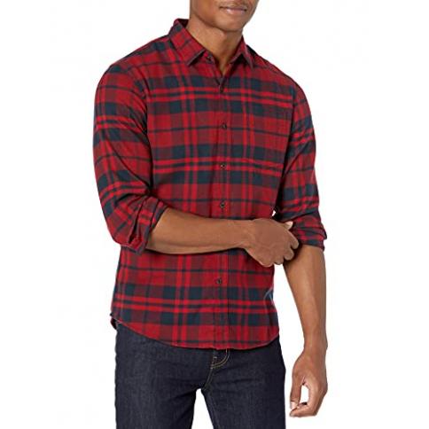   Essentials - Camisa de franela de manga larga, con  ajuste regular y dos bolsillos para hombre, cuadros de color habano y rojo,  talla XS : Ropa, Zapatos y Joyería
