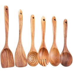 Wooden Kitchen Utensils Set,GUDAMAYE 6 PCE Wooden Spoons for Cooking,Wooden Cooking Utensils,Natural Teak Wooden Spoons For Non-stick Pan - Tamaño 6 PCS