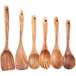 Wooden Kitchen Utensils Set,GUDAMAYE 6 PCE Wooden Spoons for Cooking,Wooden Cooking Utensils,Natural Teak Wooden Spoons For Non-stick Pan - Tamaño 6 PCS