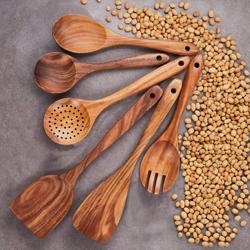 Wooden Kitchen Utensils Set,GUDAMAYE 6 PCE Wooden Spoons for Cooking,Wooden Cooking Utensils,Natural Teak Wooden Spoons For Non-stick Pan - Tamaño 6 PCS