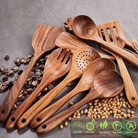 Cucharas de madera para cocinar, juego de utensilios de cocina  antiadherentes, utensilios de madera de teca natural antiarañazos para  cocinar (teca, 8