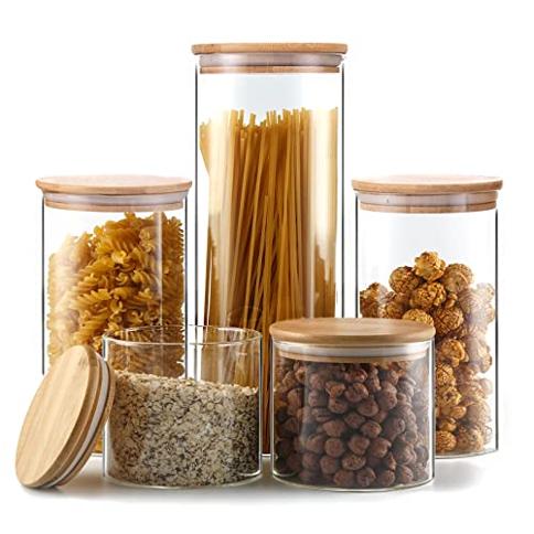  Dabacc Paquete de 4 tarros de vidrio con tapas herméticas de  bambú, recipientes de cocina de vidrio transparente para almacenamiento de  alimentos de productos secos, galletas, dulces, especias, granos : Hogar