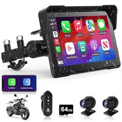 7 Carplay Motorcycle w Dual 2K Dash Camera Wireless Apple Carplay Android Auto Screen with GPS Navigation for Motorcycles Voice Control Light Sensor Bluetooth IP67 Waterproof