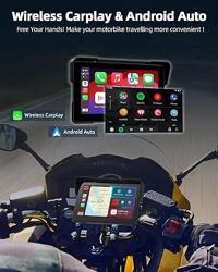 7 Carplay Motorcycle w Dual 2K Dash Camera Wireless Apple Carplay Android Auto Screen with GPS Navigation for Motorcycles Voice Control Light Sensor Bluetooth IP67 Waterproof