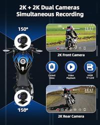 7 Carplay Motorcycle w Dual 2K Dash Camera Wireless Apple Carplay Android Auto Screen with GPS Navigation for Motorcycles Voice Control Light Sensor Bluetooth IP67 Waterproof