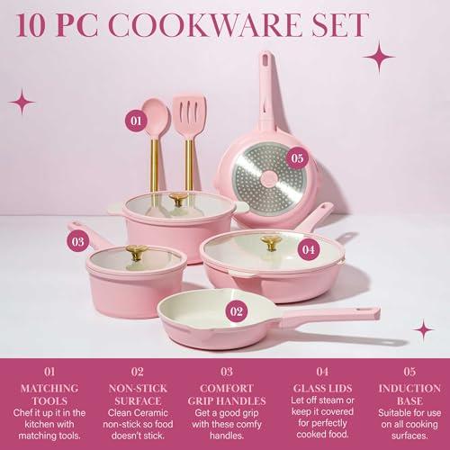 Paris Hilton PH11579-AS Clean Ceramic Nonstick Cast Aluminum Cookware Set with Heart Shaped Lid Knobs, Pink