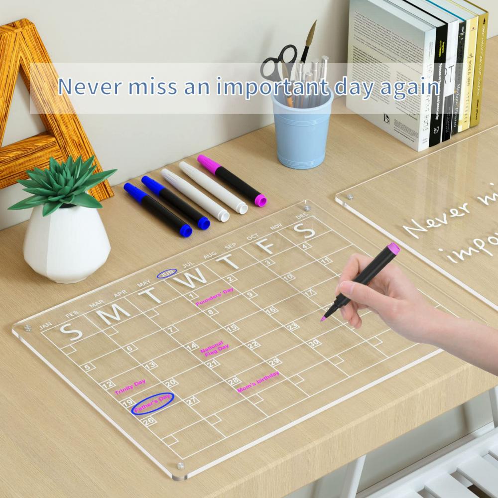  YeWink Magnetic Dry Erase Calendar Board for Fridge, 16”x12  Clear 2 Set Acrylic Planner Board for Refrigerator, Reusable Whiteboard  Includes 6 Markers 3 Colors : Office Products