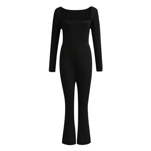  Women Jumpsuit Square Neck Long Sleeve Ribbed