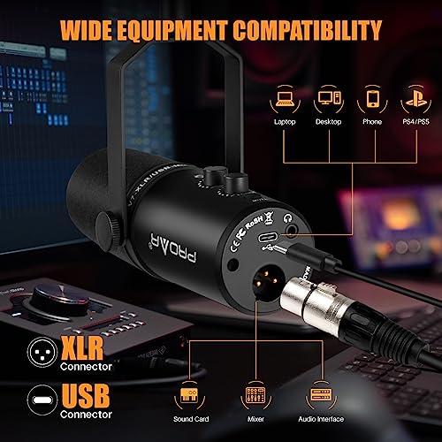 PROAR XLR/USB Dynamic Microphone, PC Computer Microphone for Podcasting