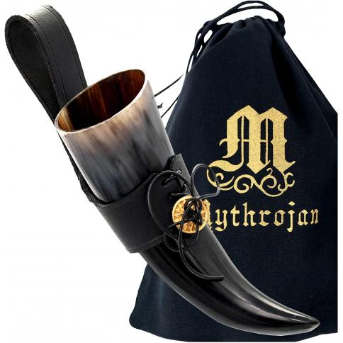 Mythrojan Cuerno vikingo para beber cerveza medieval negro cuerno auténtico  con correa, cuerno de cerveza nórdico grande taza de cuerno de bebida