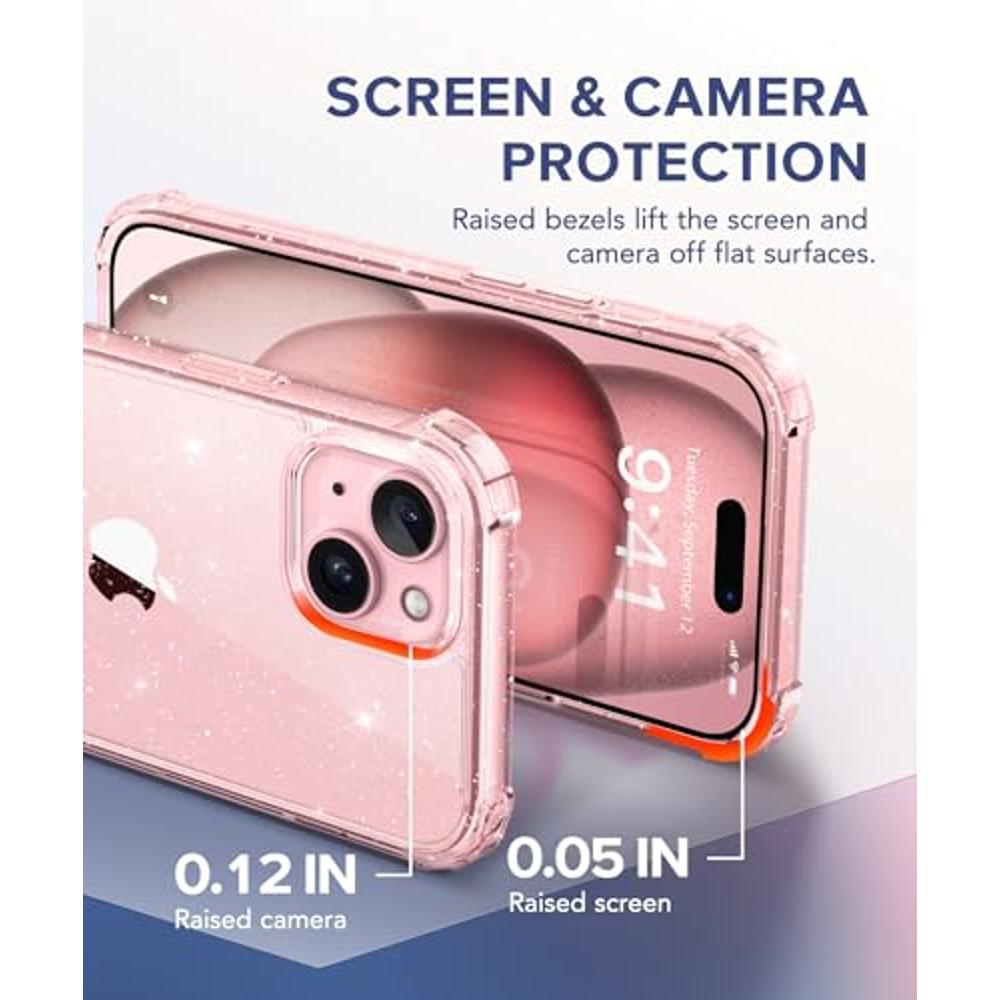 5 in 1 Compatible with iPhone 15 Case Glitter, with 2X Screen Protector +  2X Camera Lens Protector, [Non-Yellowing] Clear Sparkle Slim Shockproof