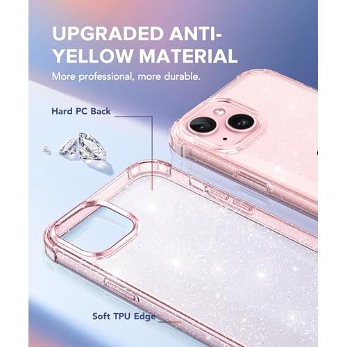 5 in 1 Compatible with iPhone 15 Case Glitter, with 2X Screen Protector +  2X Camera Lens Protector, [Non-Yellowing] Clear Sparkle Slim Shockproof