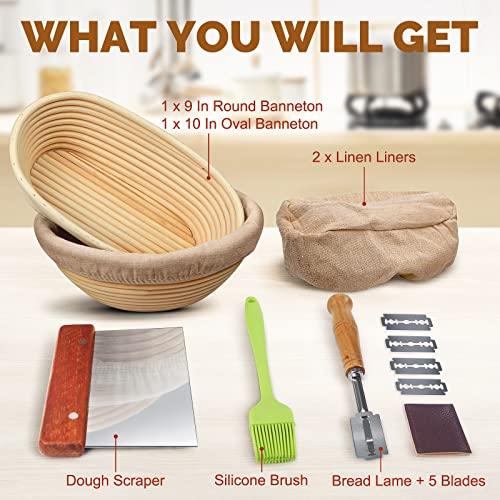 LOYACO 10pcs Banneton Bread Proofing Baskets 9 inch Round + 10 inch Oval,  Sourdough Proofing Basket Set with Dough Bowls, Bread Lame, Whisk, Dough