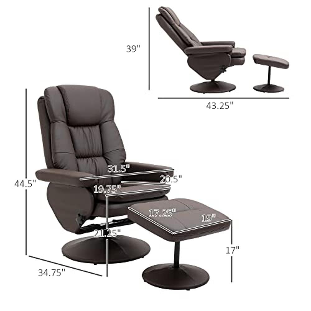 HOMCOM Sillón reclinable de poliuretano con reposapiés, sillón con respaldo  ajustable de 135°, base de madera giratoria, asiento acolchado y
