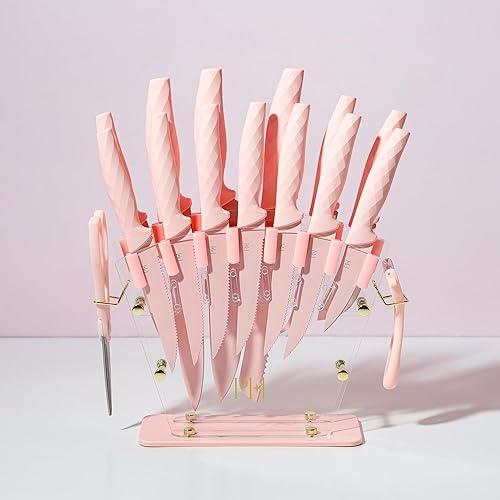 Paris Hilton Knife Block Set with Fan Style Clear Acrylic Knife Block, Premium Stainless Steel
