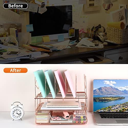 gianotter Desk Organizers and Accessories, Office Supplies Desk Organizer  with Sliding Drawer, Double Tray and 5 Upright Section ​File Sorter
